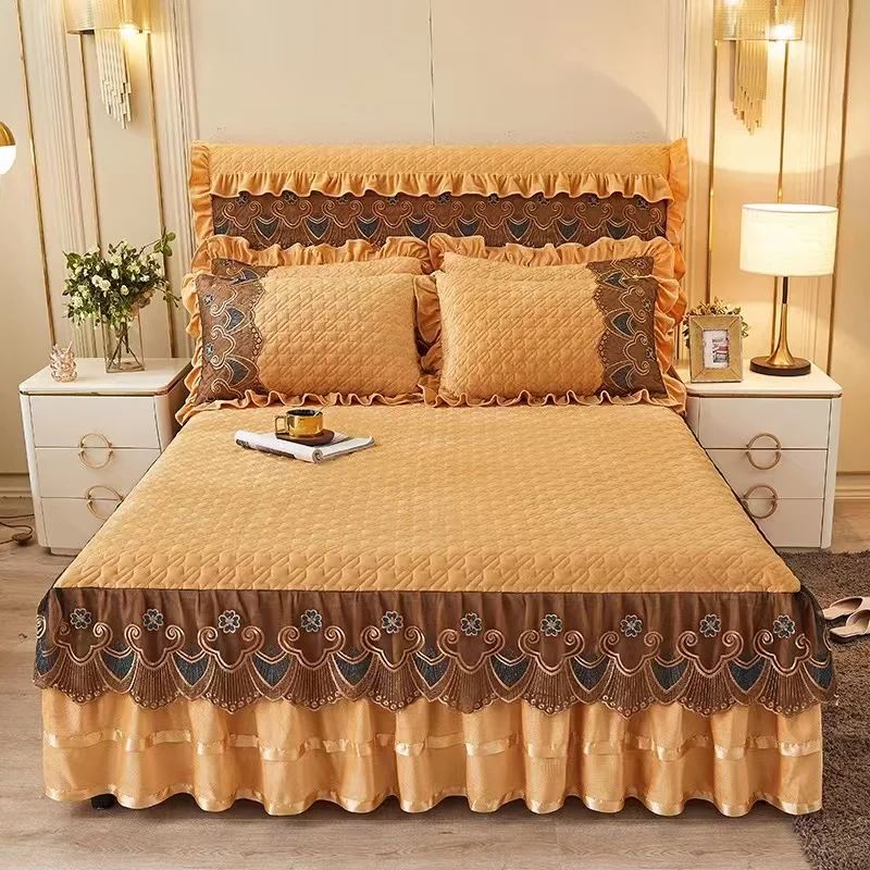 Embroidery Quilt Cover - Luxury Thick Velvet Quilted Bed Skirt
