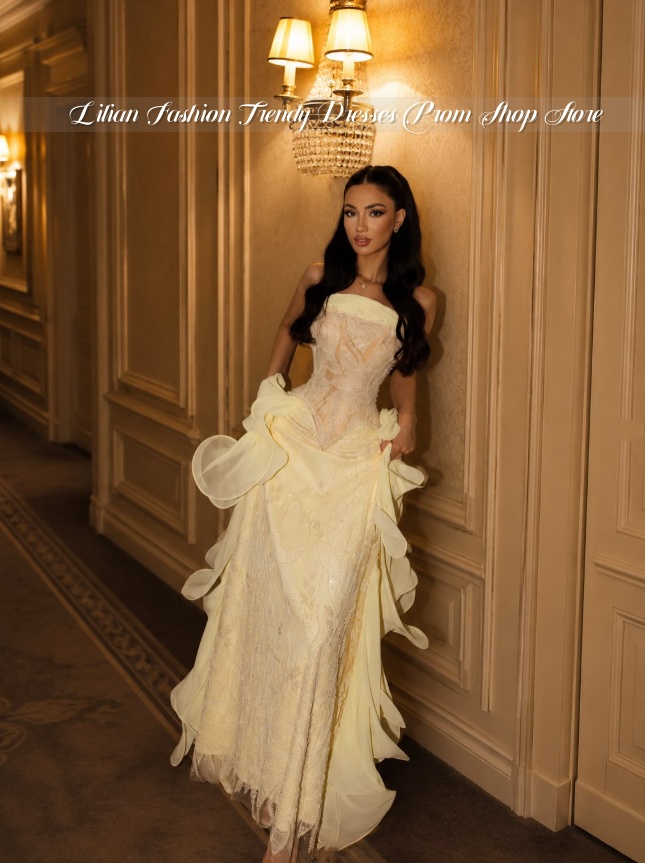 Embroidery Yellow Flower - Pale Yellow Strapless Middle Eastern Ball