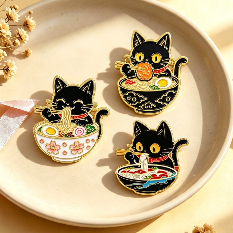 Embroidery Simple - Cute Black Cat Eating Noodles Enamel