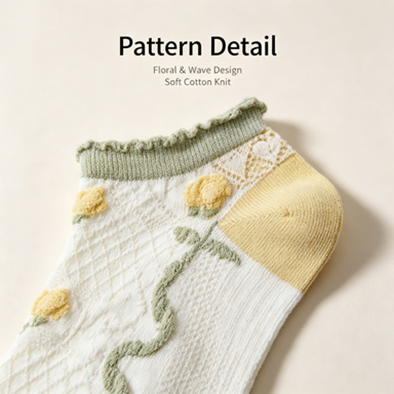 Women 5 Pairs Ruffle Cuff Ankl - Embroidery Yellow Flower ulasan dan harga