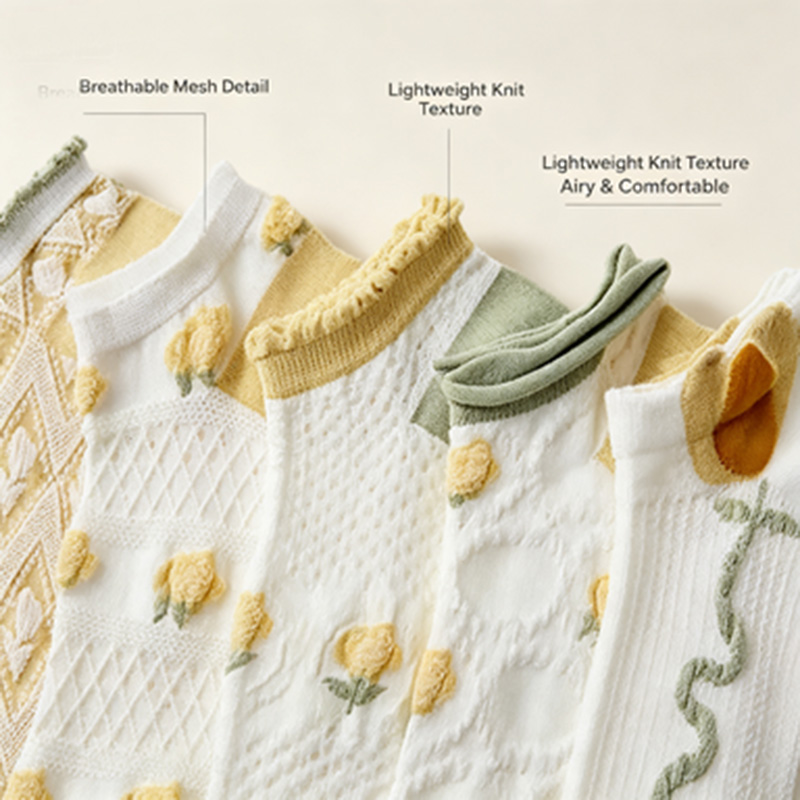 Women 5 Pairs Ruffle Cuff Ankl - Embroidery Yellow Flower ulasan dan harga