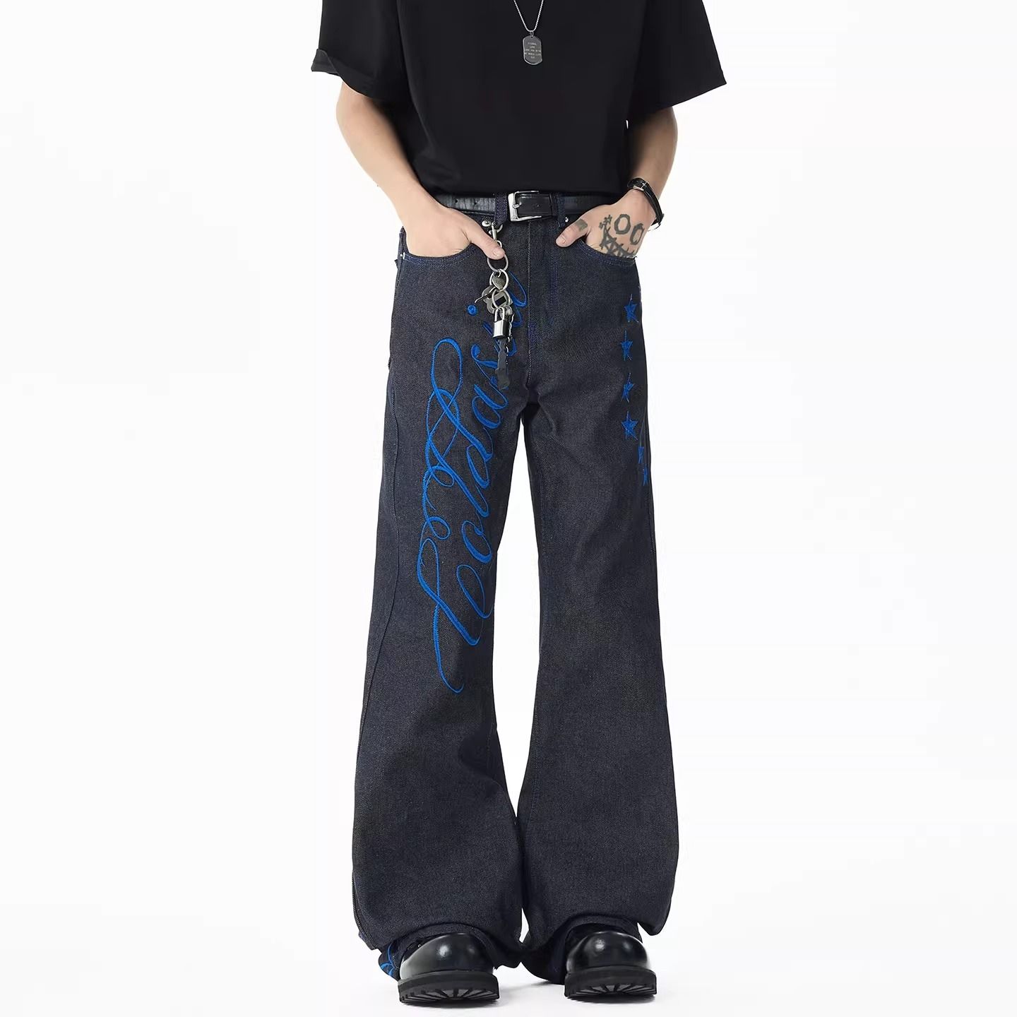 Men's Blue Font Embroidery Jea - Embroidery Font Free ulasan dan harga