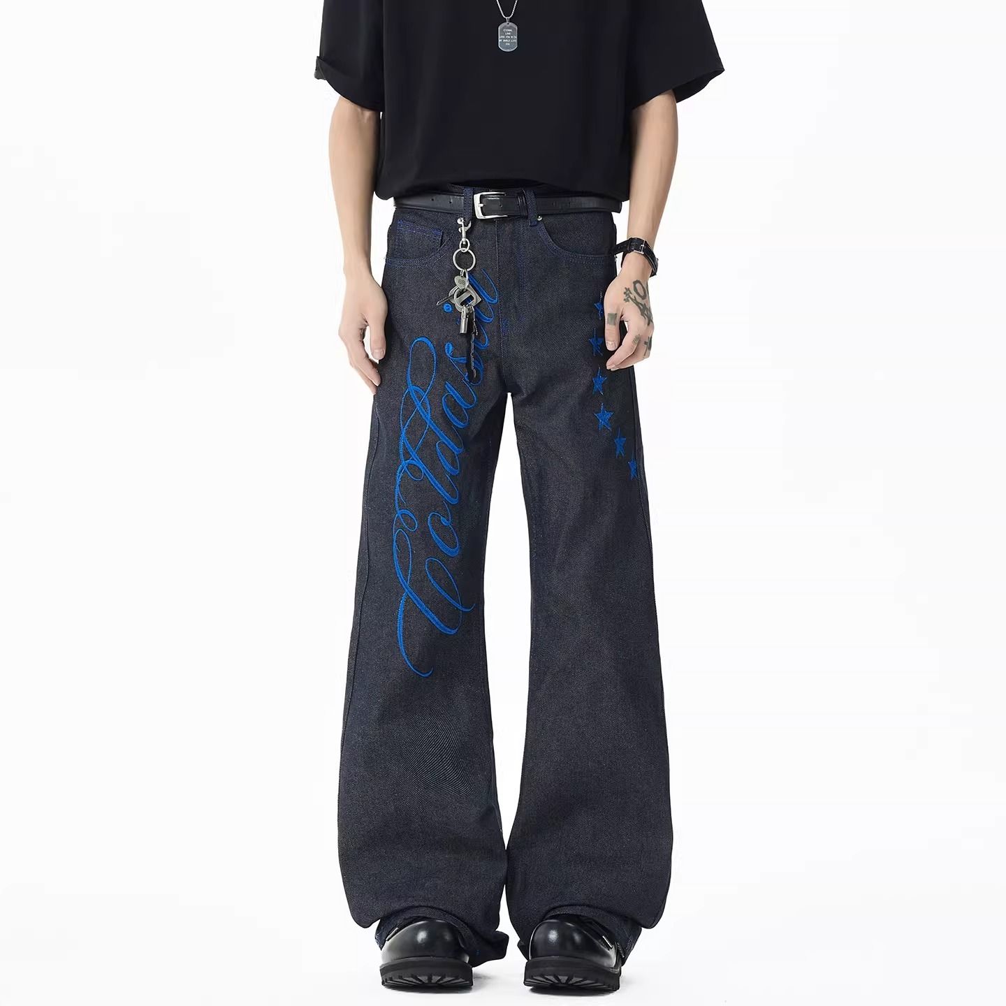 Men's Blue Font Embroidery Jea - Embroidery Font Free ulasan dan harga