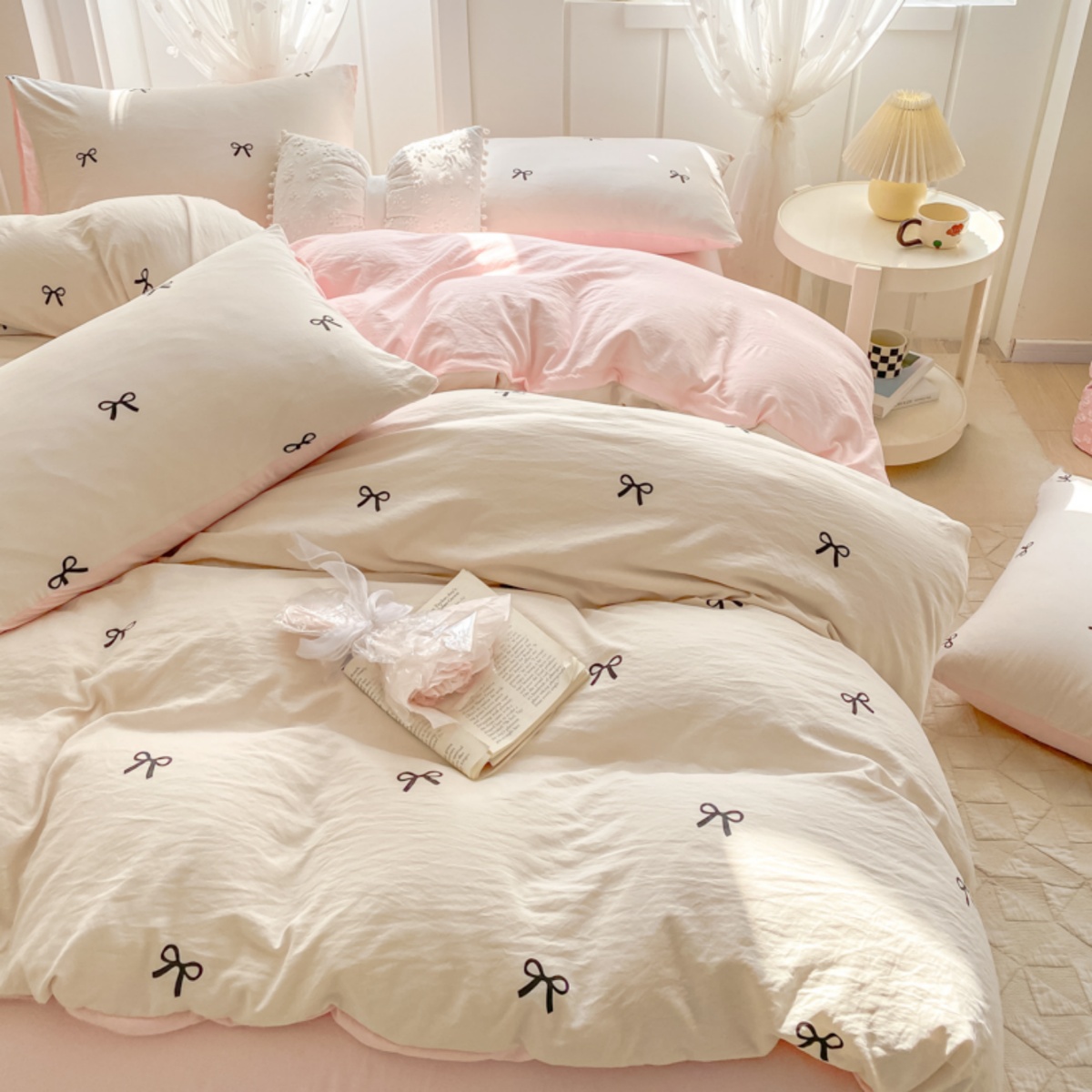 3 Piece Sheet Set  pink bowkno - Embroidery Quilt Cover ulasan dan harga