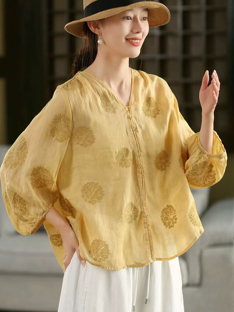 100% Ramie Women Casual Shirt  - Embroidery Jersey ulasan dan harga