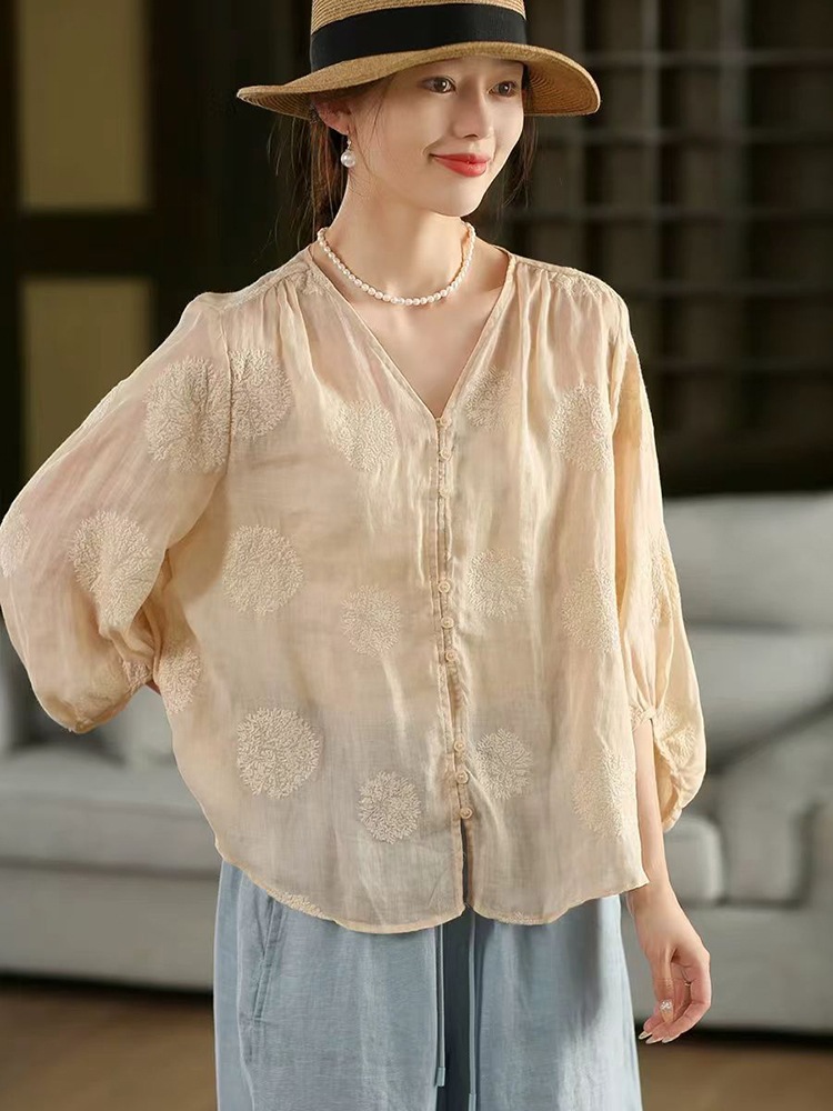 100% Ramie Women Casual Shirt  - Embroidery Jersey ulasan dan harga