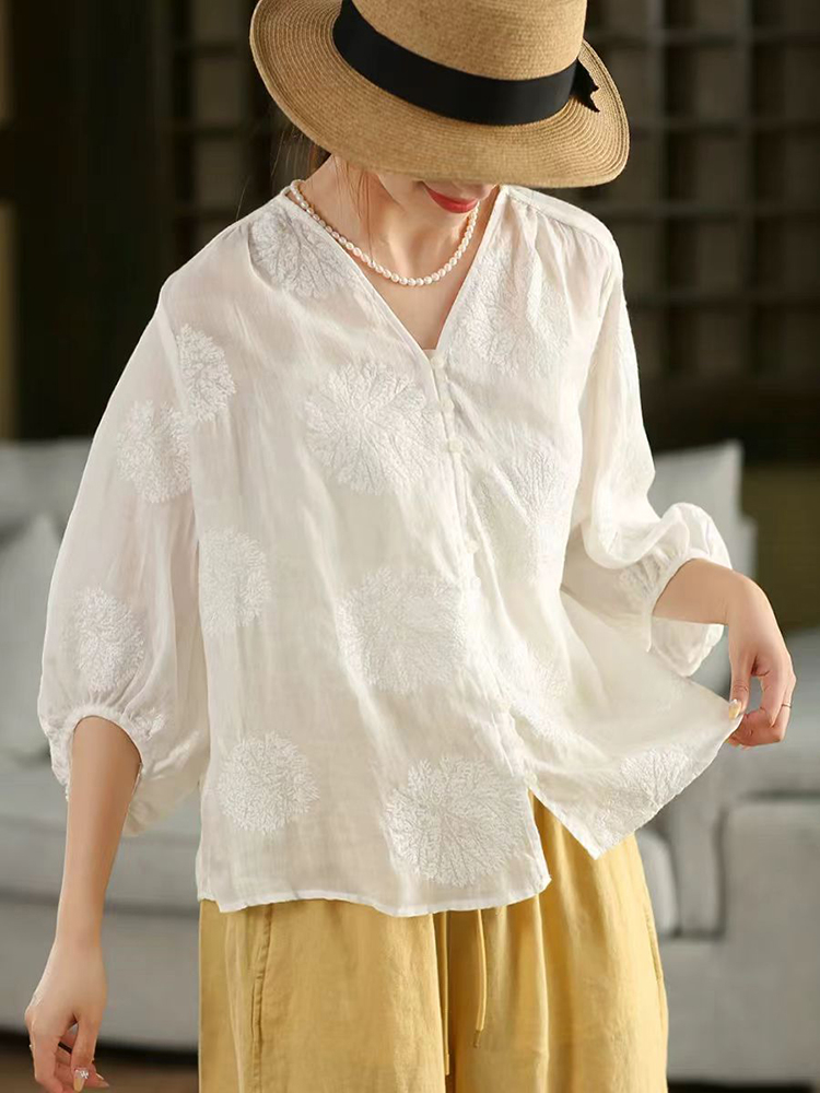 100% Ramie Women Casual Shirt  - Embroidery Jersey ulasan dan harga